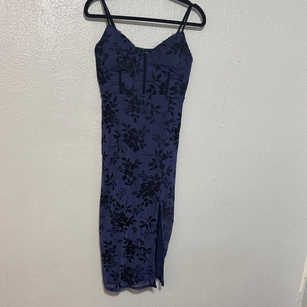 Derek Heart Blue Floral Burnout Velvet Midi Dress Wedding Guest Grunge Large Y2K